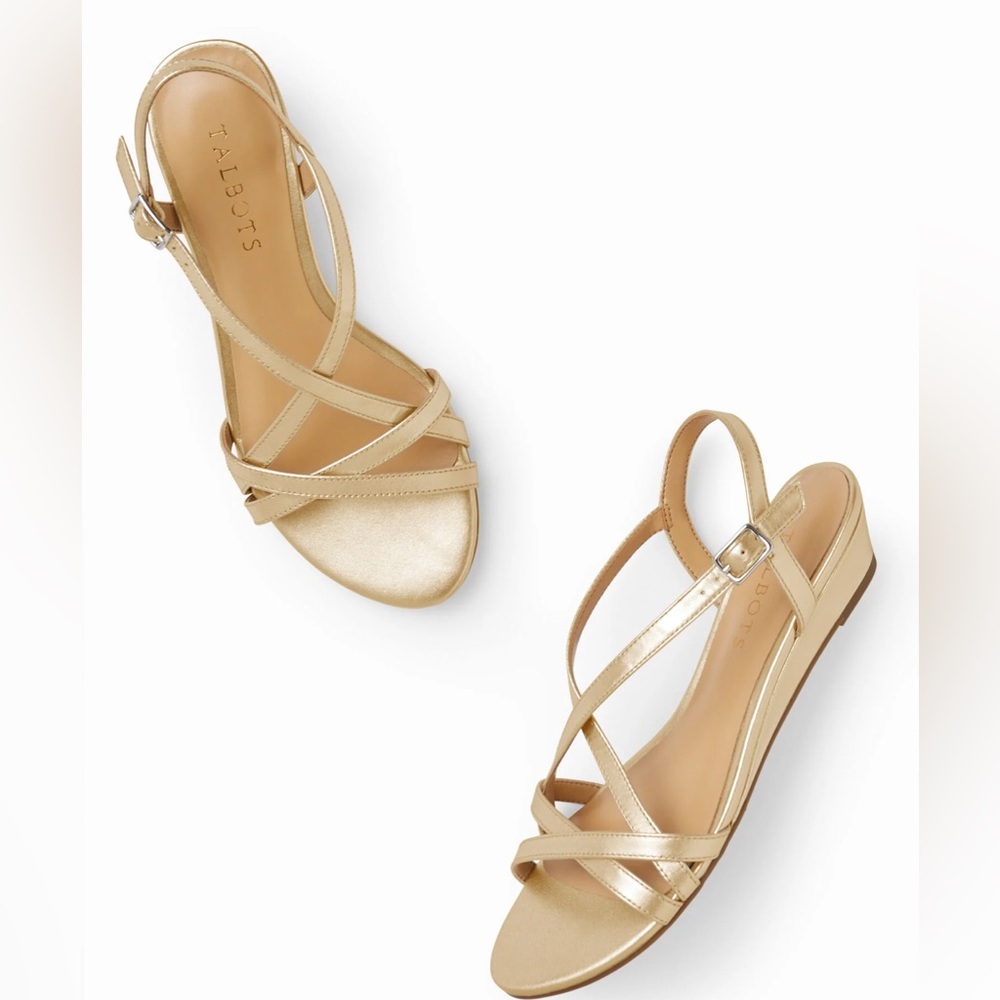 TALBOTS CAPRI CROSSED METALLIC NAPPA WEDGE SANDALS